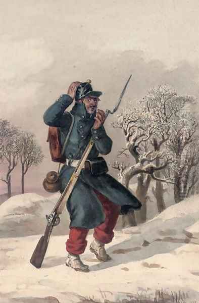 A cold wind Study of a soldier of the Napoleonic era Oil Painting by Jules Adolphe Goupil