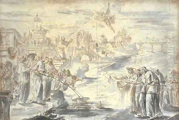 A satire on the election of a pope Groups of Spanish and French cardinals on either side of a river fishing for the papal tiara, with an angel bringi Oil Painting by Pier Leone Ghezzi