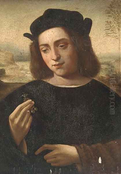 Portrait of a man, half-length, holding a piece of jewellery, a landscape beyond Oil Painting by Ridolfo Ghirlandaio