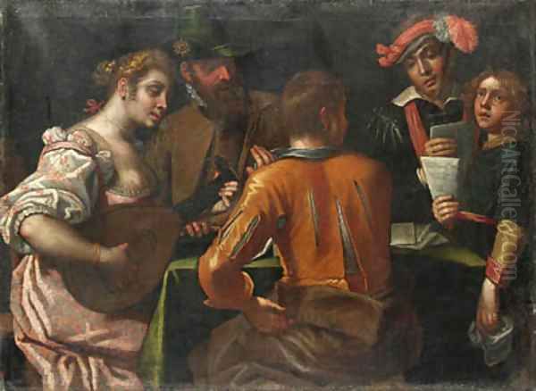 Elegant Company making Music around a Table Oil Painting by Antonio Gandino