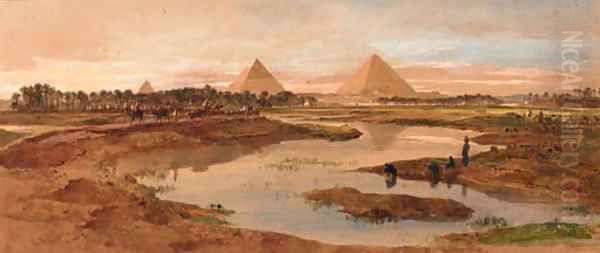 A camel train with the pyramids beyond Oil Painting by Edward Alfred Angelo Goodall