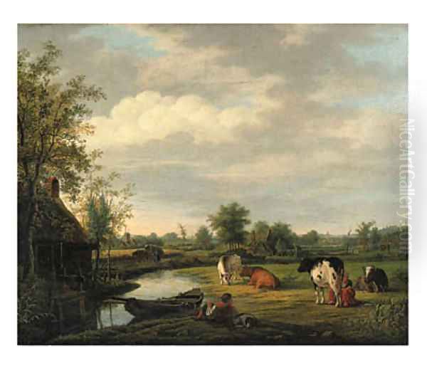 Peasants and cattle by a cottage in a river landscape Oil Painting by Pieter De Goeje