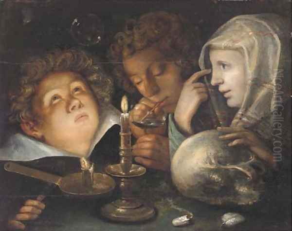 A vanitas allegory Homo Bulla Est, a boy blowing bubbles while another watches and a young woman holds a skull by candlelight Oil Painting by Jacob de II Gheyn