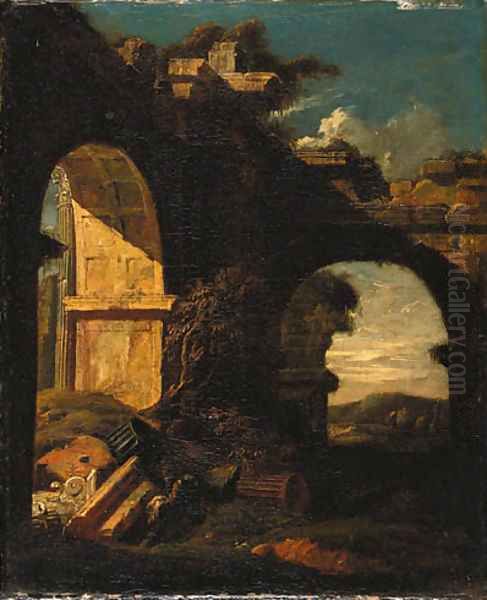 Classical ruins in a landscape Oil Painting by Jan Griffier