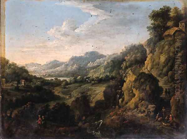 A Rhenish landscape with travellers on a track by a waterfall Oil Painting by Jan Griffier