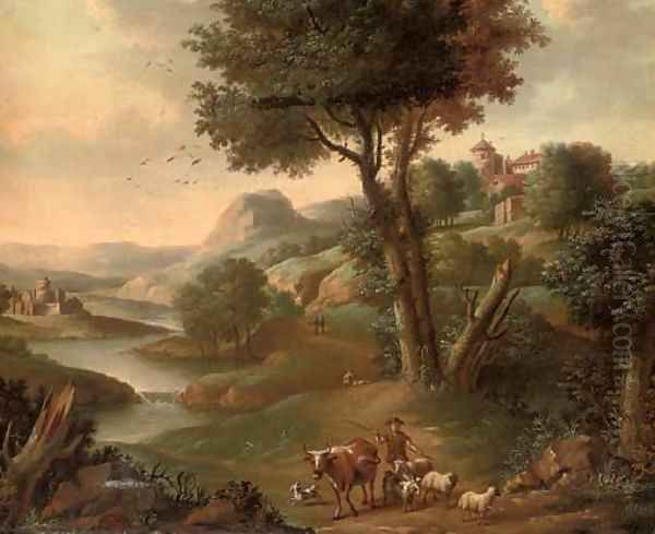 A river landscape with a shepherd and his flock on a track Oil Painting by Jan Griffier