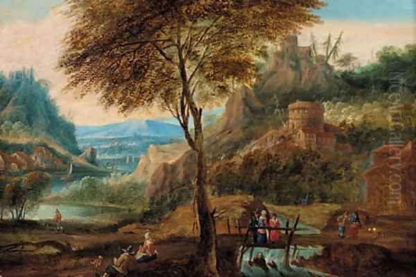 Figures by a bridge, an extensive Rhenish landscape beyond Oil Painting by Jan Griffier