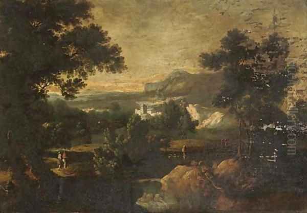 A wooded river landscape with figures on a track, a house beyond Oil Painting by Jan Griffier