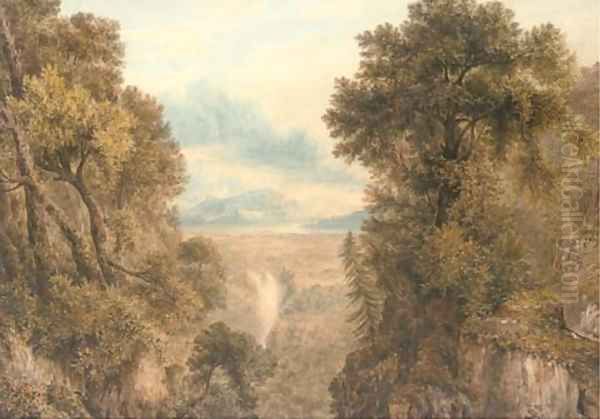 A capriccio wooded landscape with a waterfall Oil Painting by John Glover