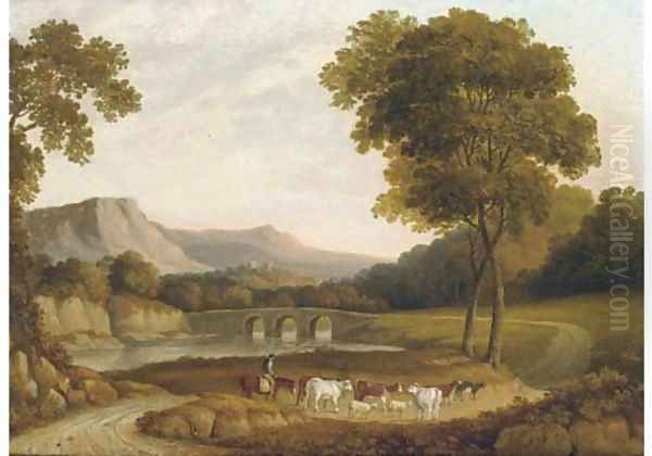 Cattle and a herder on horseback, Derbyshire Oil Painting by John Glover