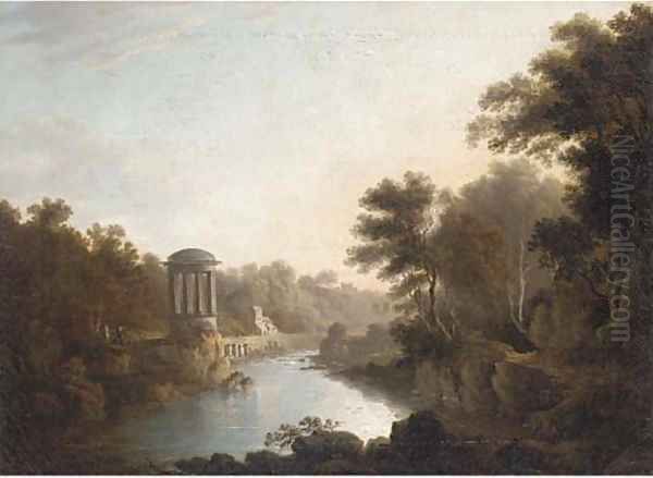 Figures by a folly, with buildings beyond Oil Painting by John Glover