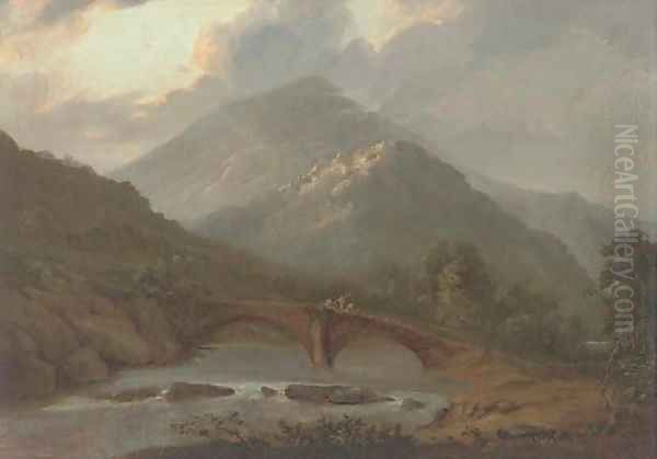 Workers crossing a stone bridge in a highland landscape Oil Painting by John Glover