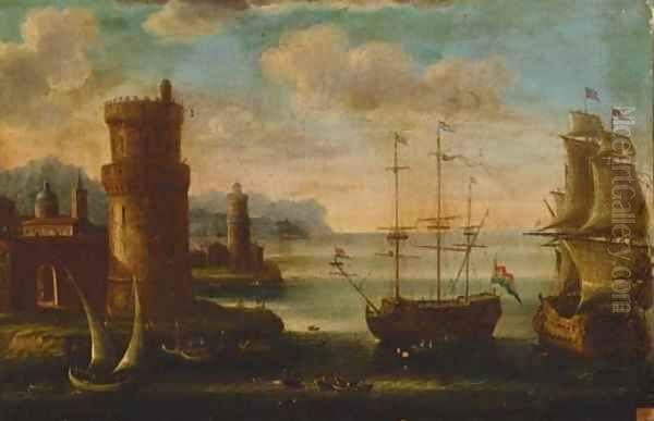 A Mediterranean harbour with moored men-o'-war Oil Painting by Orazio Grevenbroeck