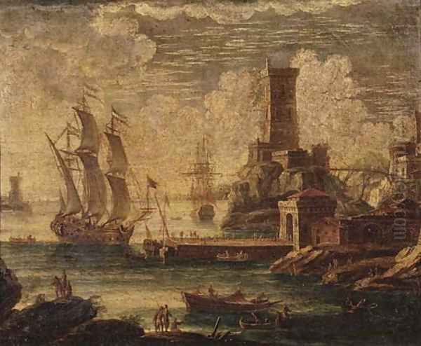 A Mediterranean coastal harbour with moored shipping Oil Painting by Orazio Grevenbroeck