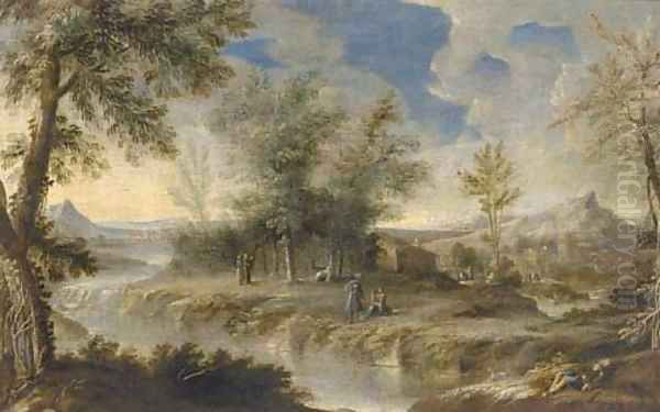 A wooded river landscape with figures on the river bank Oil Painting by Orazio Grevenbroeck