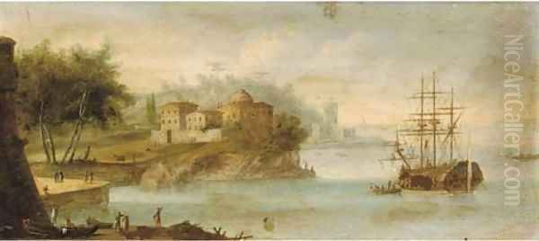 A Mediterranean coastal harbour; and A Mediterranean coastal inlet Oil Painting by Orazio Grevenbroeck