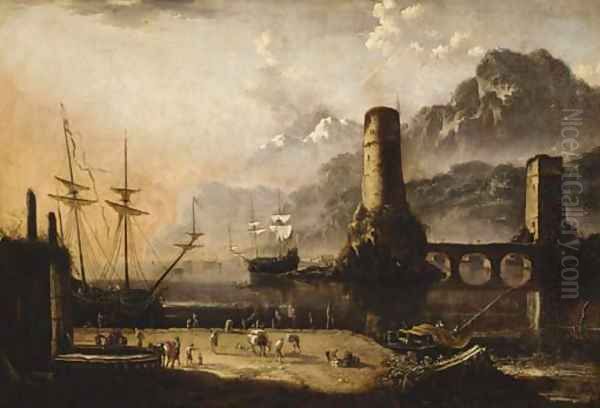 A Mediterranean harbour with stevedores on a quayside, moored ships and a bridge beyond Oil Painting by Orazio Grevenbroeck