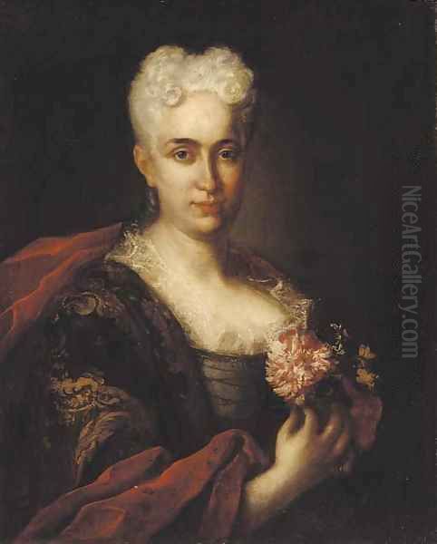 Portrait of a lady with gold brocade and a crimson wrap, holding a carnation Oil Painting by Vittore Ghislandi