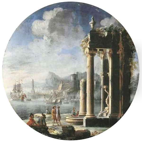 A capriccio of architectural ruins with figures by a fountain Oil Painting by Gennaro Greco