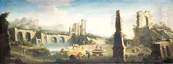 An extensive river landscape with herdsmen and cattle among classical ruins Oil Painting by Gennaro Greco