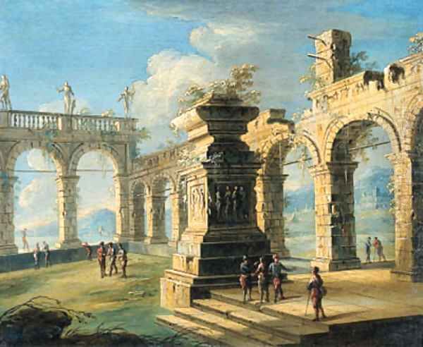 An architectural capriccio with classical ruins and figures Oil Painting by Gennaro Greco