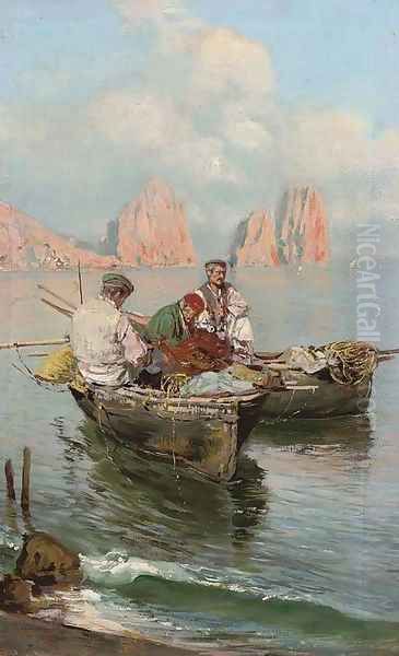 Fishermen before I Faraglioni, Capri Oil Painting by Giuseppe Giardiello