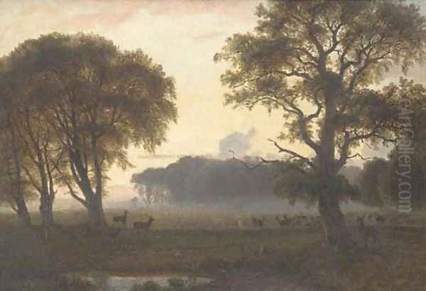 Deer grazing in a park at dusk Oil Painting by Nordahl Grove