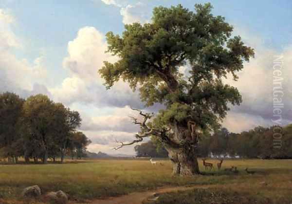 Deer grazing in parkland Oil Painting by Nordahl Grove