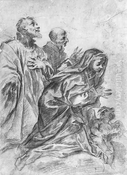 Three figures in prayer with a putto holding a crown Oil Painting by Alessandro Gherardini