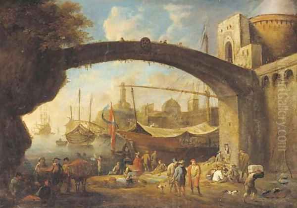 A Mediterranean harbour with traders under a bridge Oil Painting by Anton Goubau