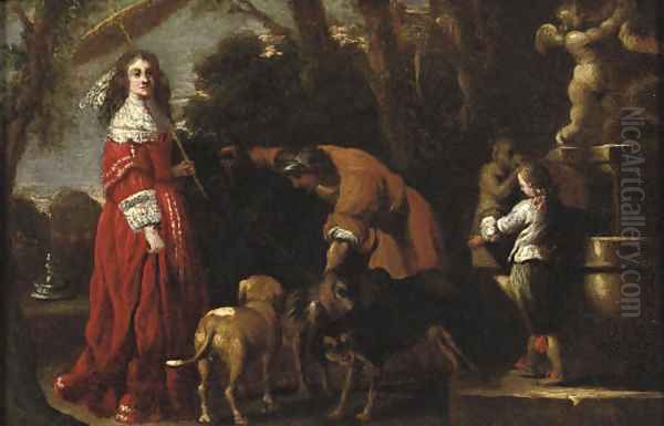 An elegantly dressed lady and her son in a parklandscape near a fountain, a male servant attending her dogs nearby Oil Painting by Barent Graat