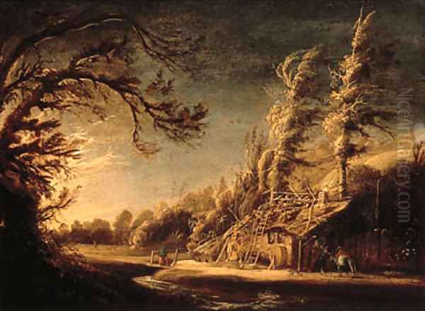 A wooded landscape with peasants and a donkey before a cottage Oil Painting by Jacob van Geel