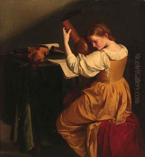 A woman tuning a lute, seated at a draped table with open manuscripts, a violin and wind instruments Oil Painting by Orazio Gentileschi