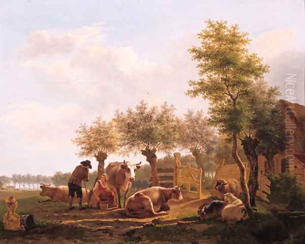 A traveller conversing with a milkmaid in a farmyard, in summer Oil Painting by Gillis Smak Gregoor