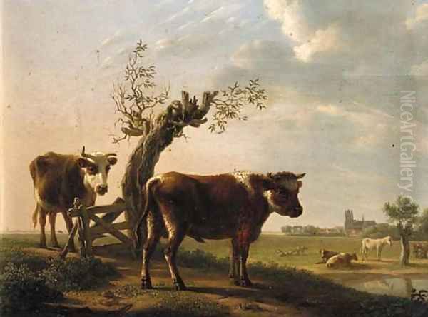 A bull and a cow by a pollarded willow, Dordrecht beyond, in summer Oil Painting by Gillis Smak Gregoor