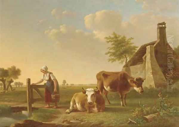 A milkmaid and her cows in a farmyard Oil Painting by Gillis Smak Gregoor