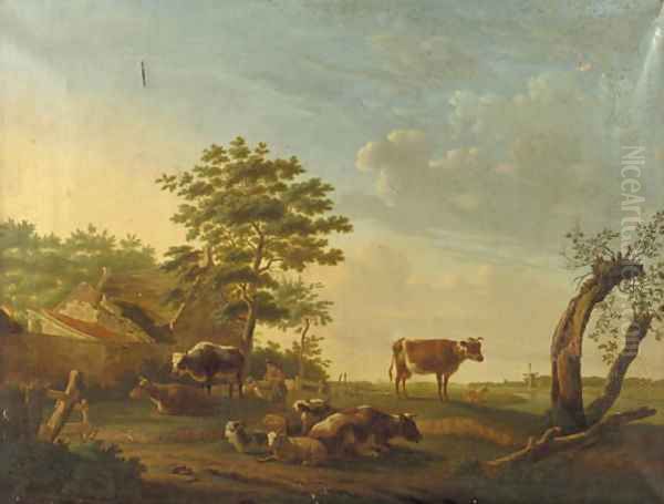 Cattle, sheep and goats in a landscape Oil Painting by Gillis Smak Gregoor