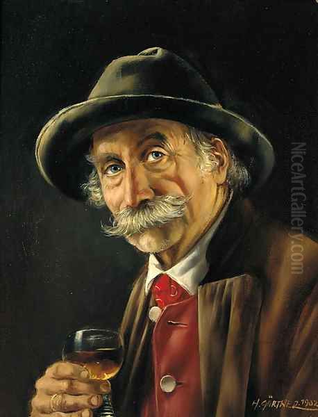 A Bavarian gentleman drinking a glass of wine Oil Painting by Hermine Gartner