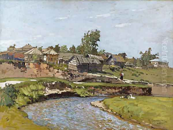 Russian Village by a River Oil Painting by Mikhail Markelovich Guzhavin