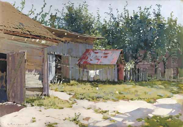 A backyard in summer Oil Painting by Mikhail Markelovich Guzhavin