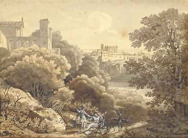 A classical landscape with a city in the background Oil Painting by Sebastien-Louis-Guillaume Norblin De La Gourdaine