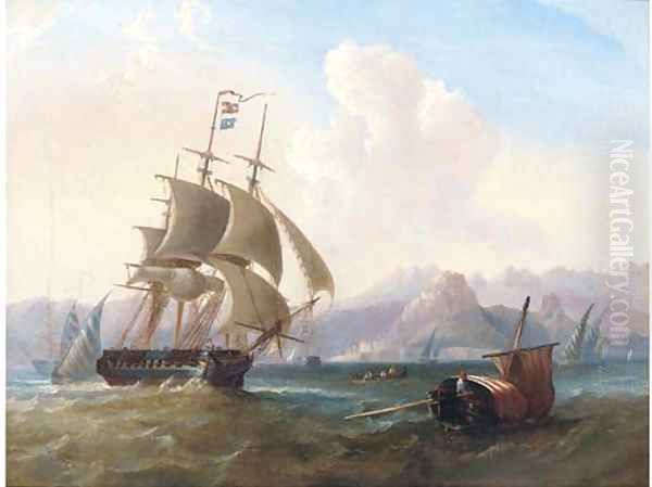 A British frigate amidst native craft off Corfu Oil Painting by William Garthwaite