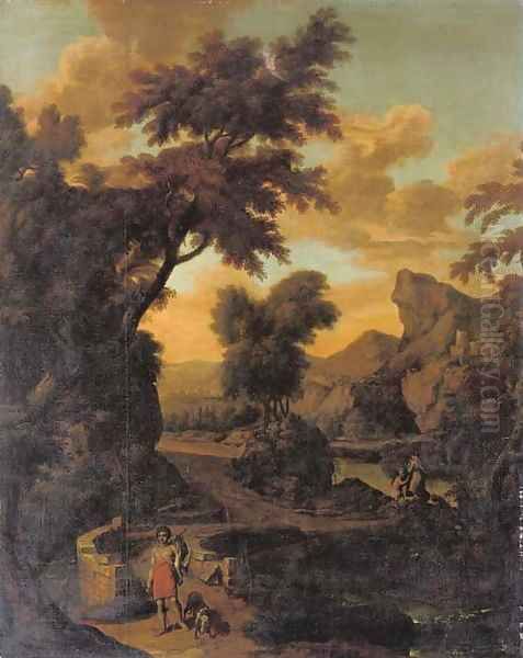 A wooded river landscape with a hunter in classical dress crossing a bridge, mountains beyond Oil Painting by Abraham Genoels