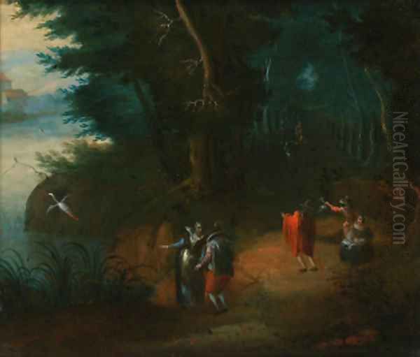 A wooded river landscape with elegant figures on a path Oil Painting by Abraham Goaverts