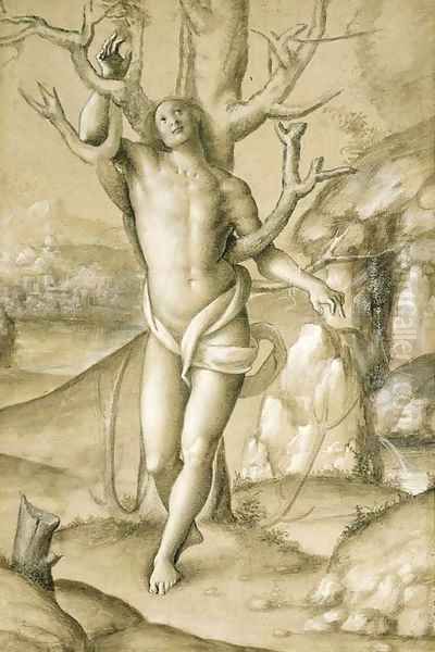 Saint Sebastian in an extensive landscape Oil Painting by Gerolamo Giovenone