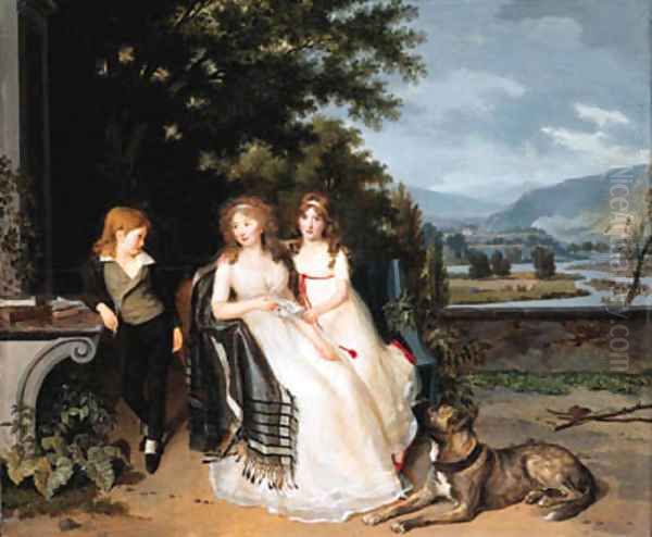 Portrait of a lady with two children and a dog on a terrace Oil Painting by Louis Gauffie