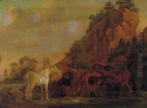 Mares and foals by a rocky outcrop Oil Painting by Sawrey Gilpin