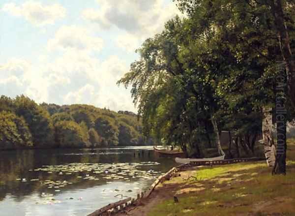 A sunlit river landscape Oil Painting by Georg Vilhelm Arnold Groth