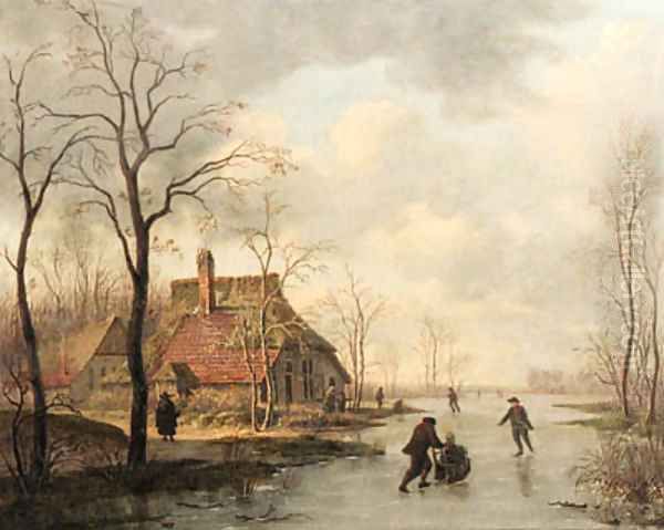 A winter landscape with skaters Oil Painting by Gerrit Hendrik Gbell