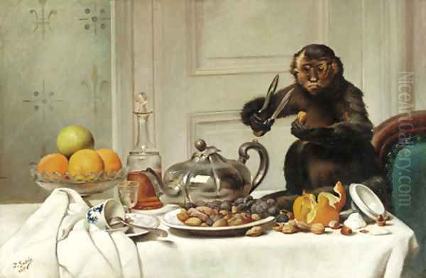 A mischiveous monkey Oil Painting by Jules Guerin